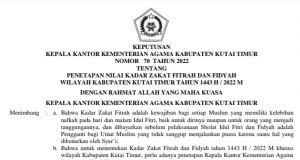 Kemenag Kutim Tetapkan Kadar Zakat Fitrah dan Fidyah 1443 H / 2022 M, Tertinggi Rp 37.000 Terendah Rp 27.000