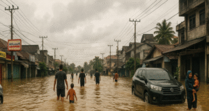 Yusuf Mustafa Soroti Anggaran Penanganan Banjir Balikpapan Ilustrasi Gambar banjir di Balikpapan By AI