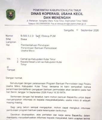 Diskop UKM Kutim Tutup Pendaftaran Penerimaan Bantuan Permodalan Usaha Mikro